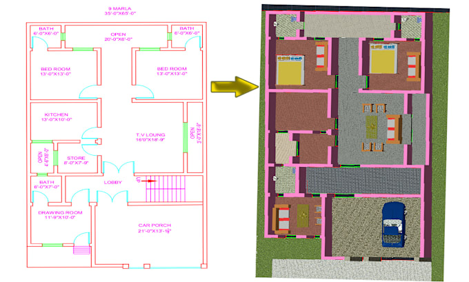 Gig Preview - Create 2d and 3d floor plan house design render in autocad