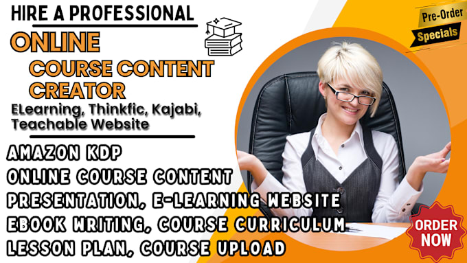 Gig Preview - Create online course content, elearning course, kajabi course, training course