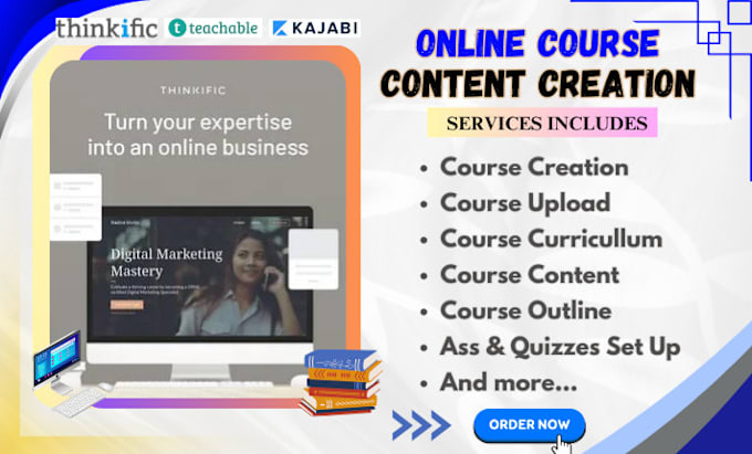 Gig Preview - Create course content on kajabi teachable podia thinkific