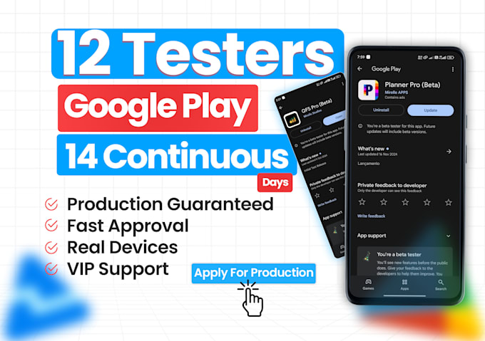 Gig Preview - Provide 12 testers or 20 tester google play closed testing for your app or game