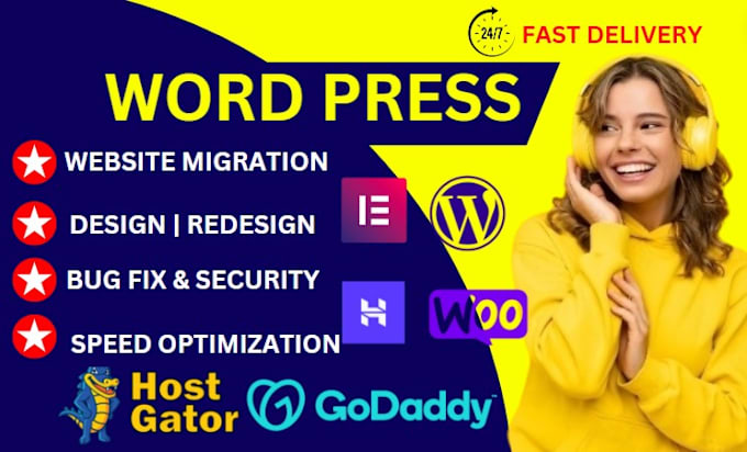 Gig Preview - Design wordpress website on hostinger bluehost godaddy siteground hostgator, seo