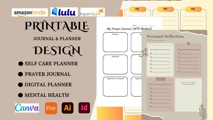 Gig Preview - Design canva custom printable journal, prayer book journal,self care planner kdp