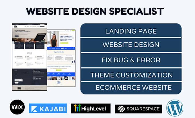 Gig Preview - Do website design on wordpress, wix, squarespace, gohighlevel and kajabi