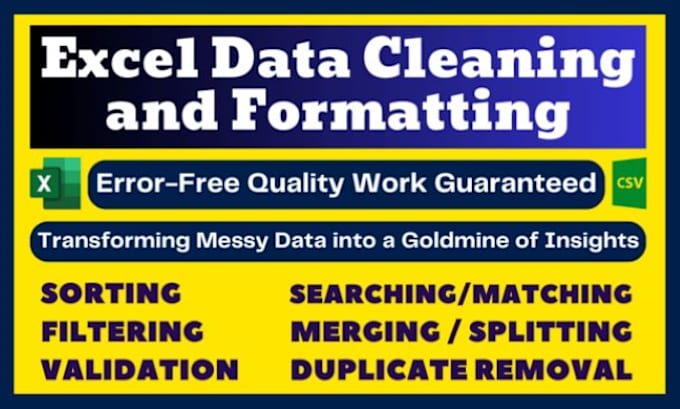 Gig Preview - Ms excel data cleaning and formatting, merging, splitting, sorting, deduping