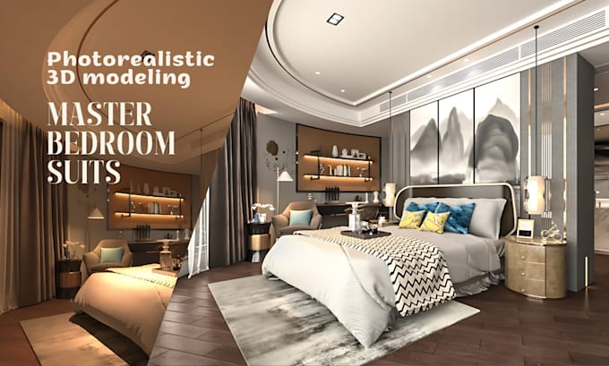 Gig Preview - Create photorealistic 3d for luxury master bedroom, closet, bathroom