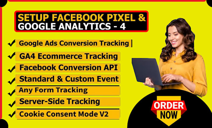 Gig Preview - Setup or fix google analytics 4, meta pixel, ga4 ecommerce tracking by GTM