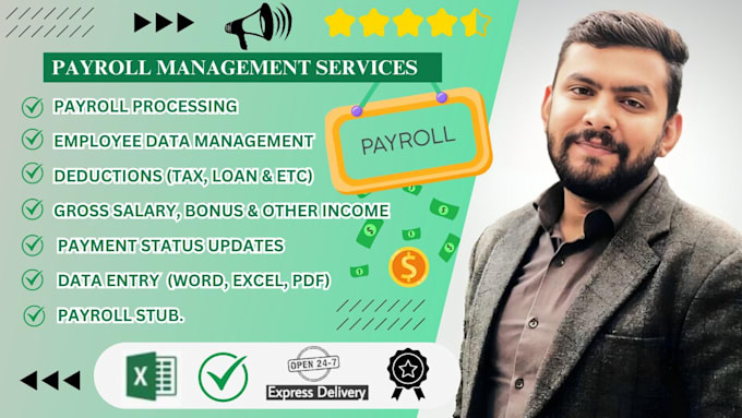 Gig Preview - Manage employees payroll setup, salaries, tax, pay slips using excel, quickbooks