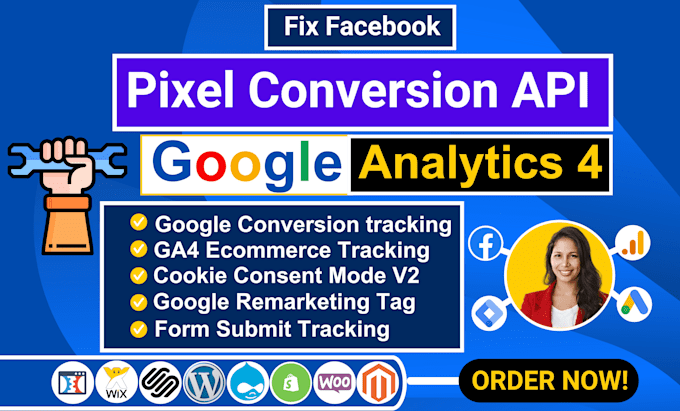 Gig Preview - Fix and setup meta facebook pixel conversion API, google analytics 4, GTM, ga4