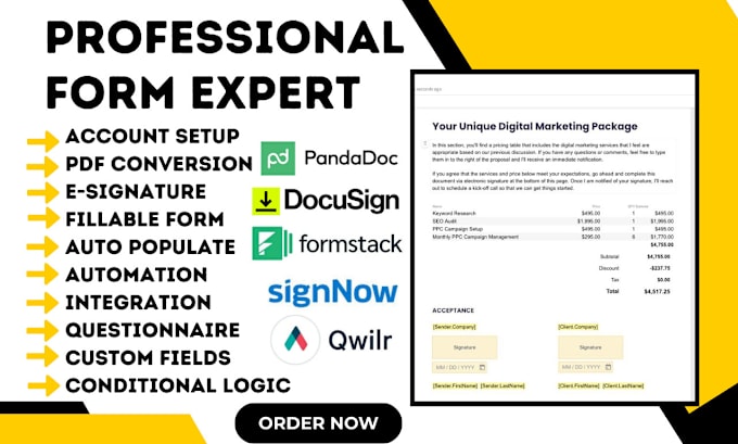 Gig Preview - Create professional docusign fillable template pandadoc signnow formstack qwilr