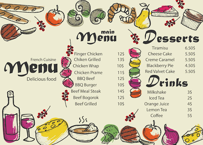 Gig Preview - Do doodle restaurant menu design or menu list for café, hotel