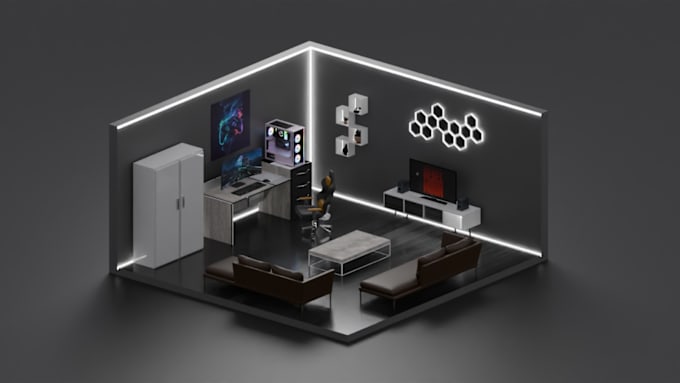 Gig Preview - Design 3d isometric gaming room and streaming room