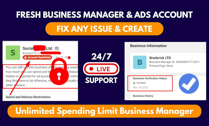 Gig Preview - Fix issue and create fresh fb business manager and ads account