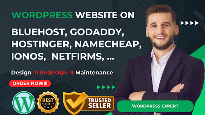 Gig Preview - Do wordpress website on godaddy, bluehost, namecheap, ionos, hostinger