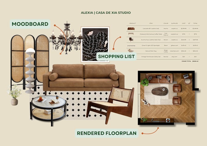 Gig Preview - Create interior mood board, render floorplan and provide shopping list