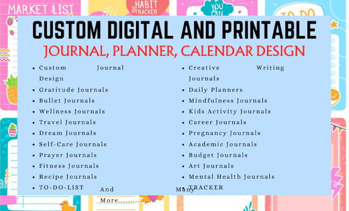 Gig Preview - Do custom printable planner, journal, trackers, calendar checklist design