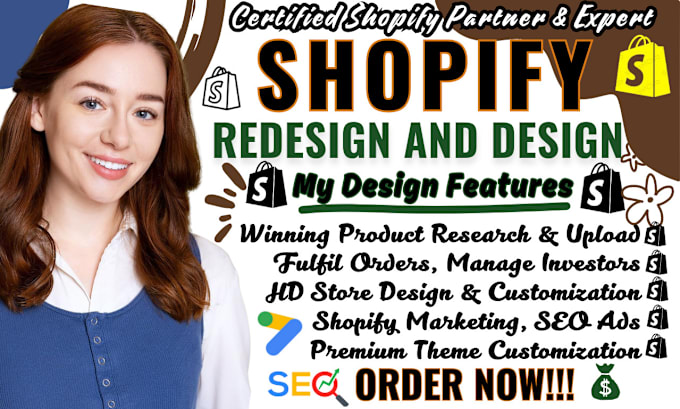 Gig Preview - Redesign or design shopify website, ecommerce online store, shopify pod store