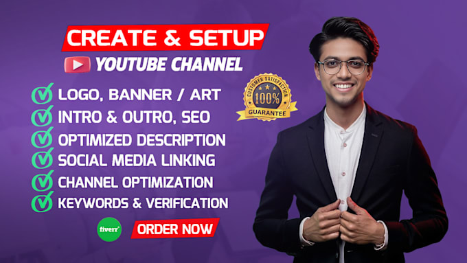 Gig Preview - Create and setup youtube channel with logo, banner, intro, outro,seo,art