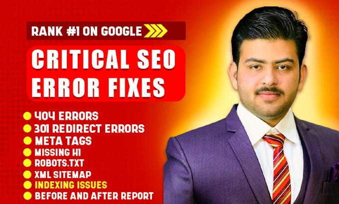 Gig Preview - Fix 404 error 301 redirect meta tags missing h1 robots txt xml sitemap