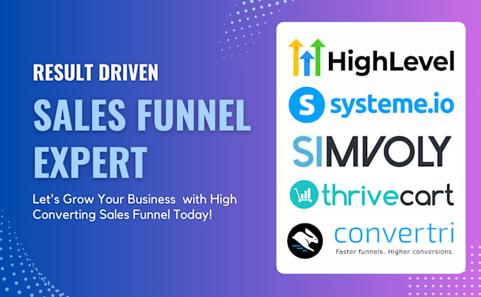 Gig Preview - Do sales funnel on convertri, systeme io, gohighlevel, thrivecart, simvoly