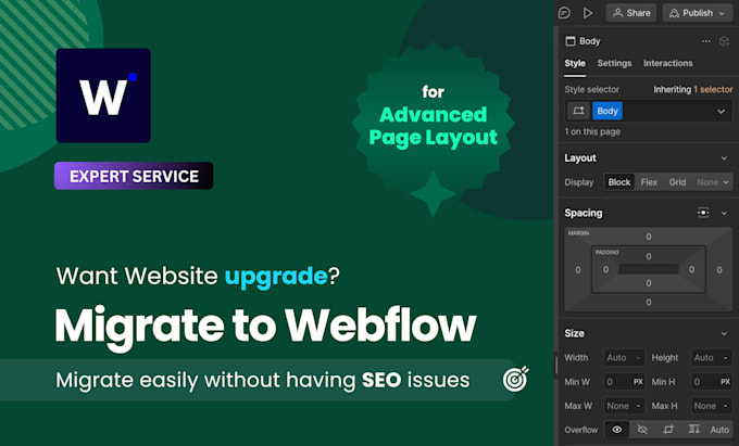 Gig Preview - Migrate your wordpress, wix or squarespace site to responsive webflow website