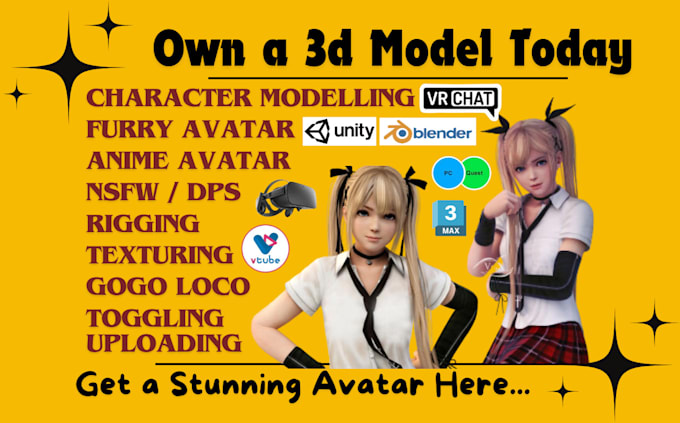 Gig Preview - Custom 3d avatar model anime character nsfw vrc anime avatar