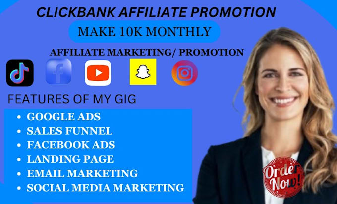 Gig Preview - Do clicbank affiliate marketing link promotion amazon website landing page