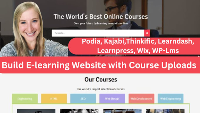 Gig Preview - Do online course website on thinkific, kajabi, podia, learndash, learnpress, wix