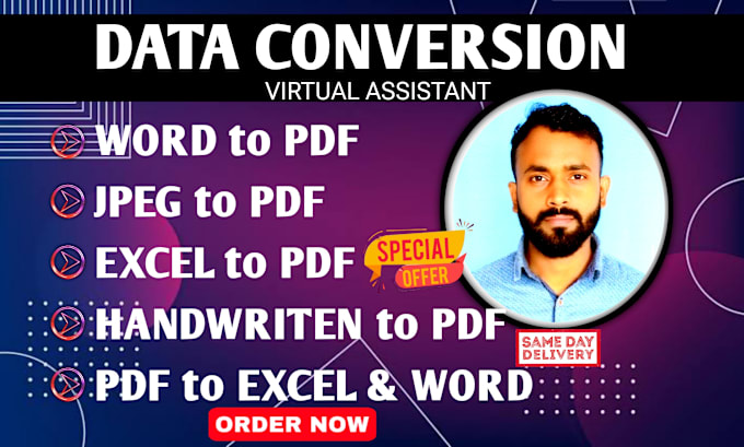 Gig Preview - Do data convert file jpg to word, word to pdf and many more