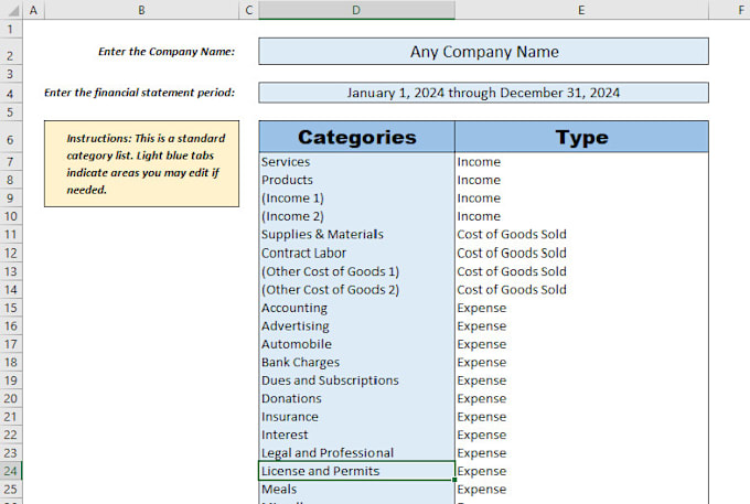 Gig Preview - Provide excel template for basic bookkeeping