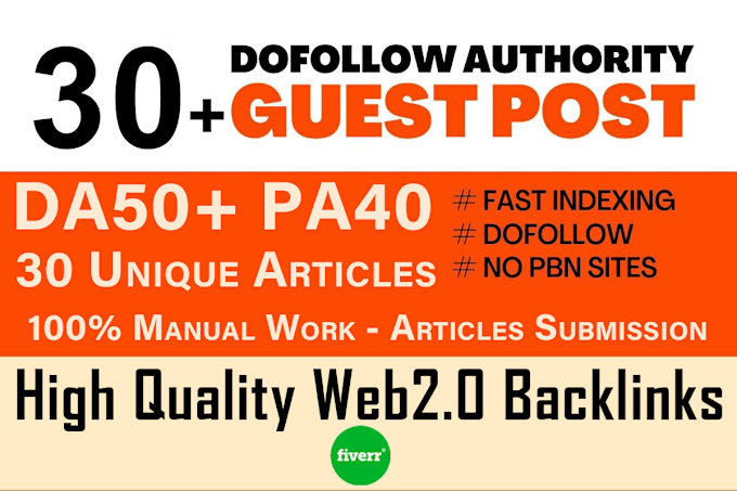 Gig Preview - Write published 30 guest posts da50 with dofollow backlinks