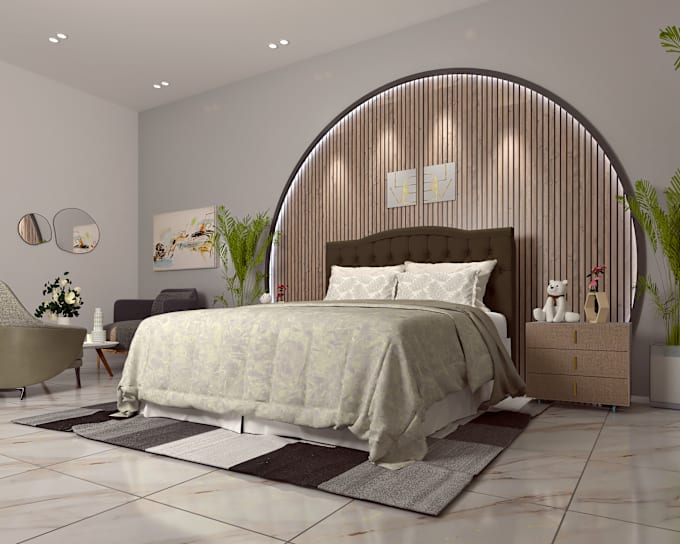 Gig Preview - Design modern bedroom interior with realistic rendering