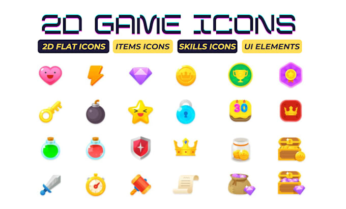 Gig Preview - Design 2d flat icons, items, skills, UI elements art for your games