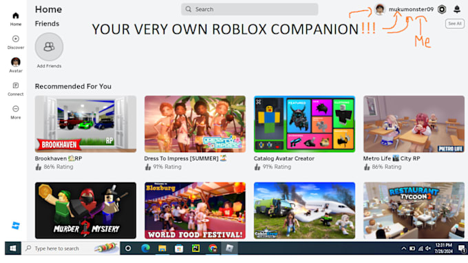 Gig Preview - Play any game on roblox with you