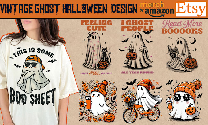 Gig Preview - Do vintage ghost halloween fall pumpkin t shirt design