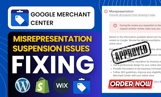 Gig Preview - Fix google merchant center suspension, misrepresentation, and claim website