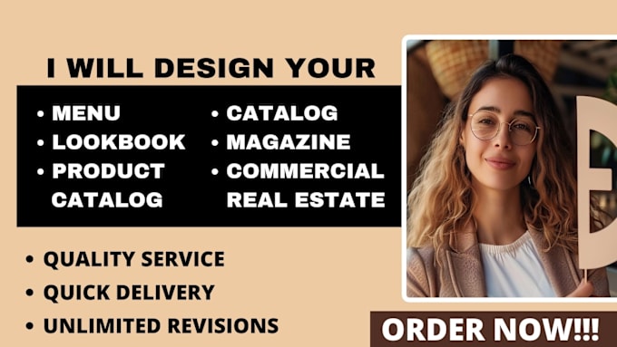 Gig Preview - Design menu product catalog lookbook catalog magazine and commercial real estate