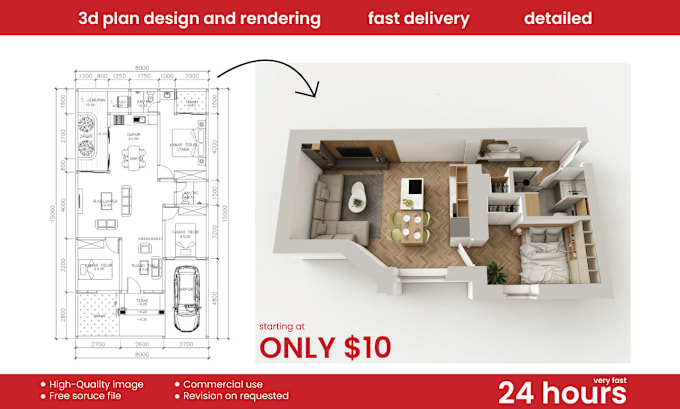 Gig Preview - 3d plan design and rendering in 24 hours