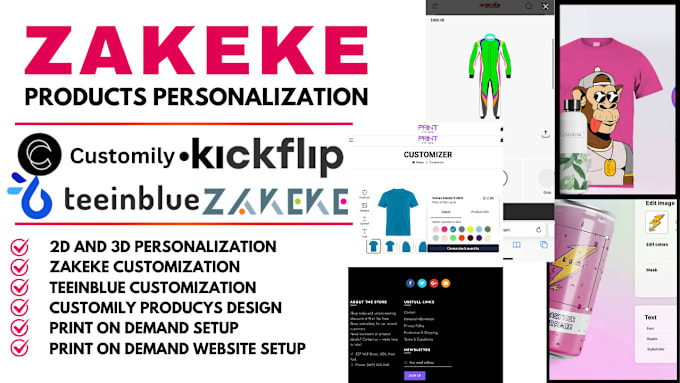 Gig Preview - Do shopify 2d 3d zakeke print on demand products in customily teeinblue kickflip