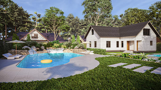 Gig Preview - Design garden, pool, patio, yard, terrace, and  landscape 3d model and render