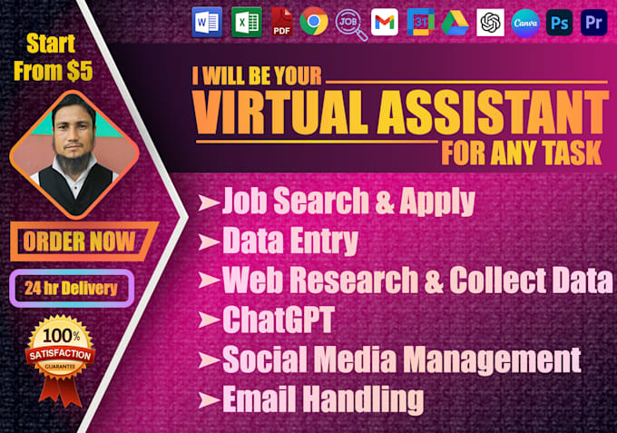 Gig Preview - Virtual assistant for data entry, job apply, web research, social media, chatgpt