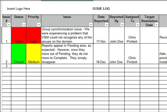 Project Issue Log Template slipstreamz