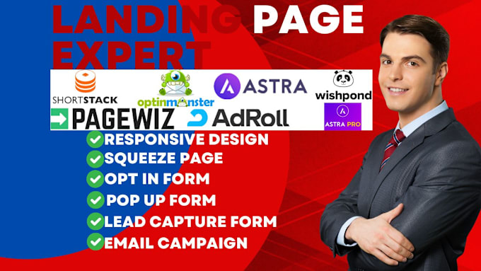 Gig Preview - Build landing page using pagewiz shortstack wishpond adroll optinmonster astra