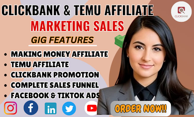 Gig Preview - Promote temu affiliate link clickbank affiliate marketing for passive income