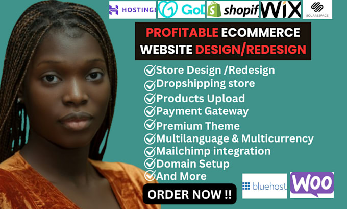 Gig Preview - Design webshop, wordpress ecommerce on godaddy,bluehost,hostinger,shopify or wix