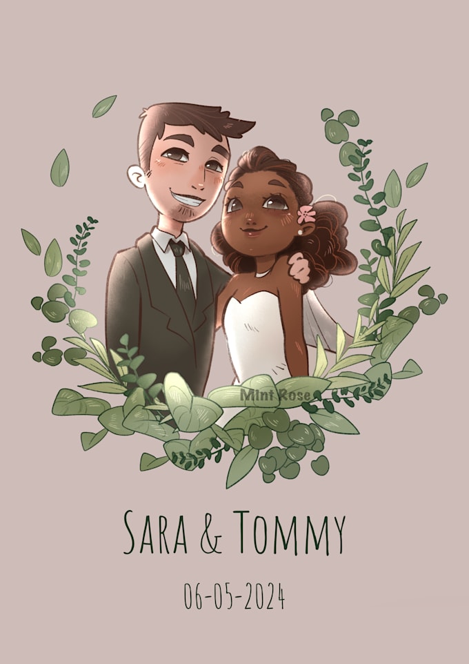 Gig Preview - Create a cartoon couple portrait for wedding invitations