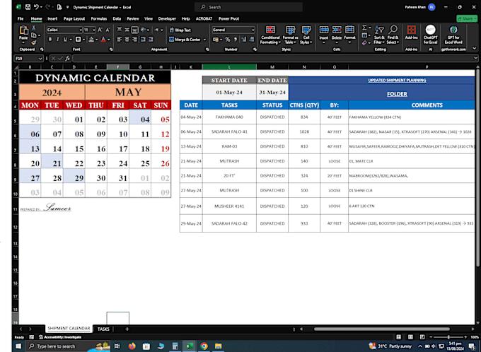 Gig Preview - Create dynamic calendar in excel for your events,tasks,shipments etc