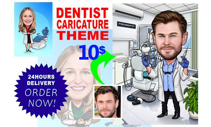 Gig Preview - Draw your face from photo on this dentist caricature theme