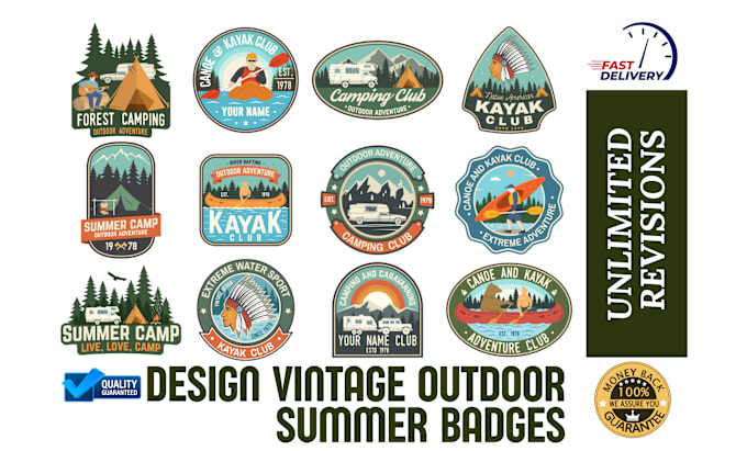 Gig Preview - Create outdoor camping vintage badges, stickers adventure summer t shirt design