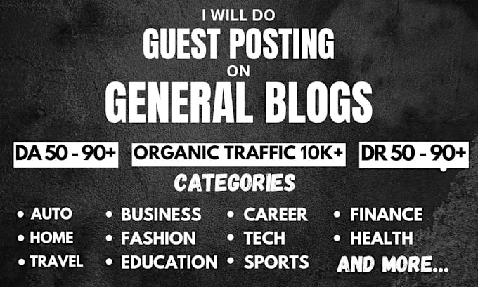 Gig Preview - Accomplish general blog guest posting on da 50 to 90 sites using white hat seo