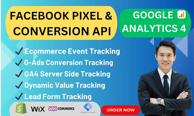 Gig Preview - Setup facebook pixel google analytics 4 ecommerce conversion API tracking